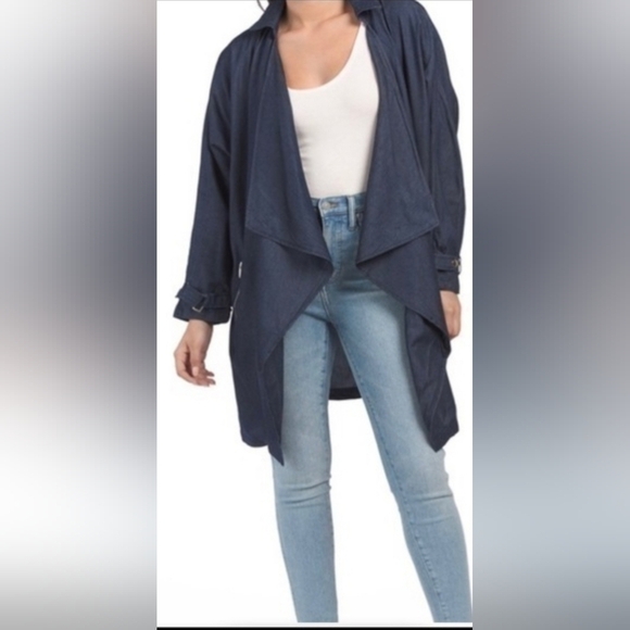 1 Sunset Lane Jackets & Blazers - 100% Cotton 1 Sunset Lane Womens Blue Denim Long Open Front Jacket Sz Med